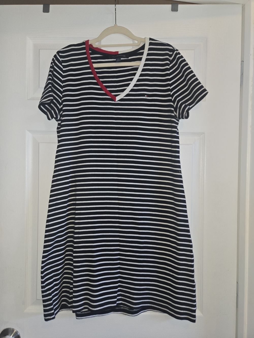 Tommy Hilfiger Black & White Striped V-Neck Mini Dress with Red Trim